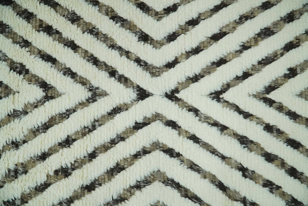 Ivory, Beige and Charcoal Modern Stripes Plush Pile Moroccan Style Hand knotted 5x8 wool Area Rug