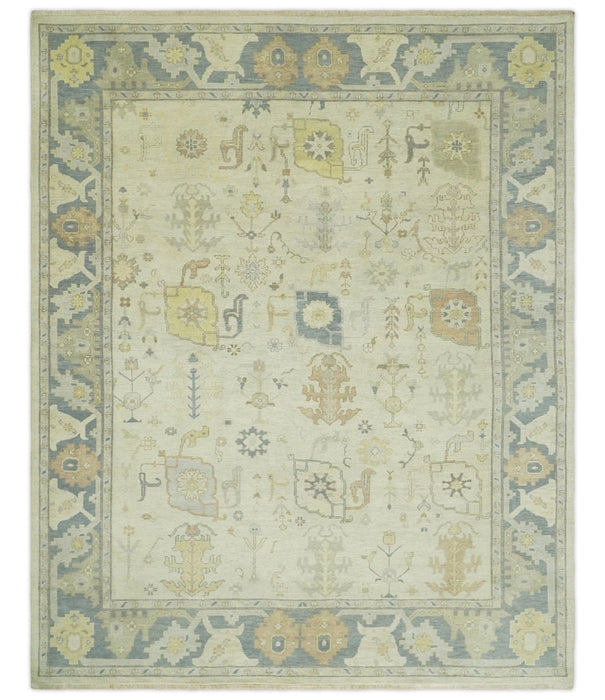 Beige and Gray Hand Knotted Traditional Persian Oushak Wool Rug