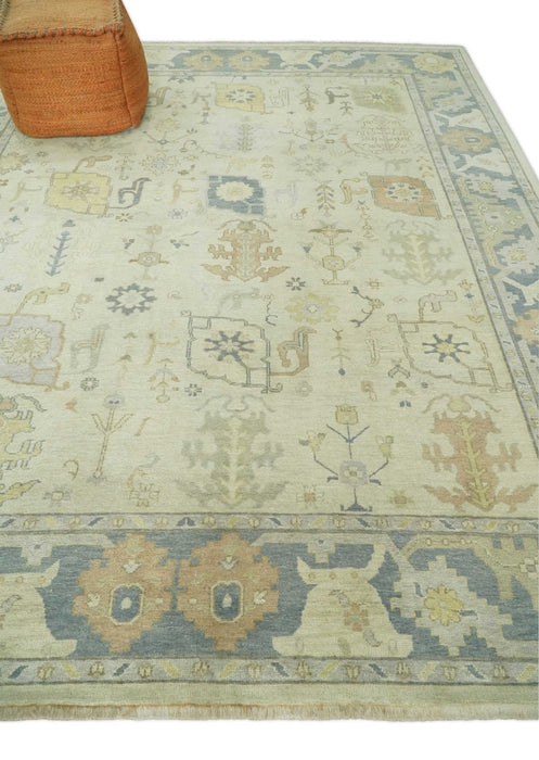 Beige and Gray Hand Knotted Traditional Persian Oushak Wool Rug