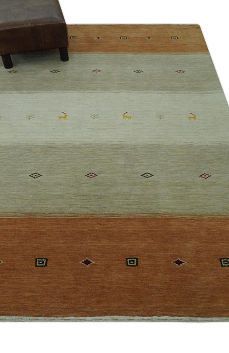 Ivory, Beige and Rust Geometrical stripes Design Hand loom 4.6x6.6 wool Area Rug