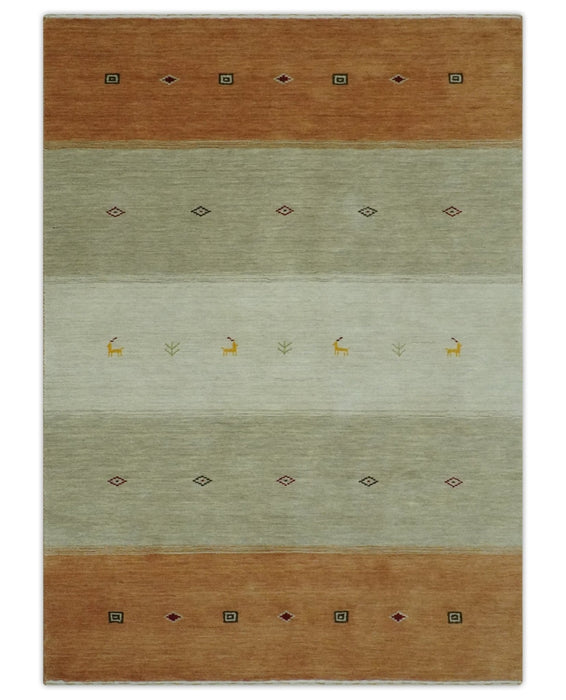 Ivory, Beige and Rust Geometrical stripes Design Hand loom 4.6x6.6 wool Area Rug