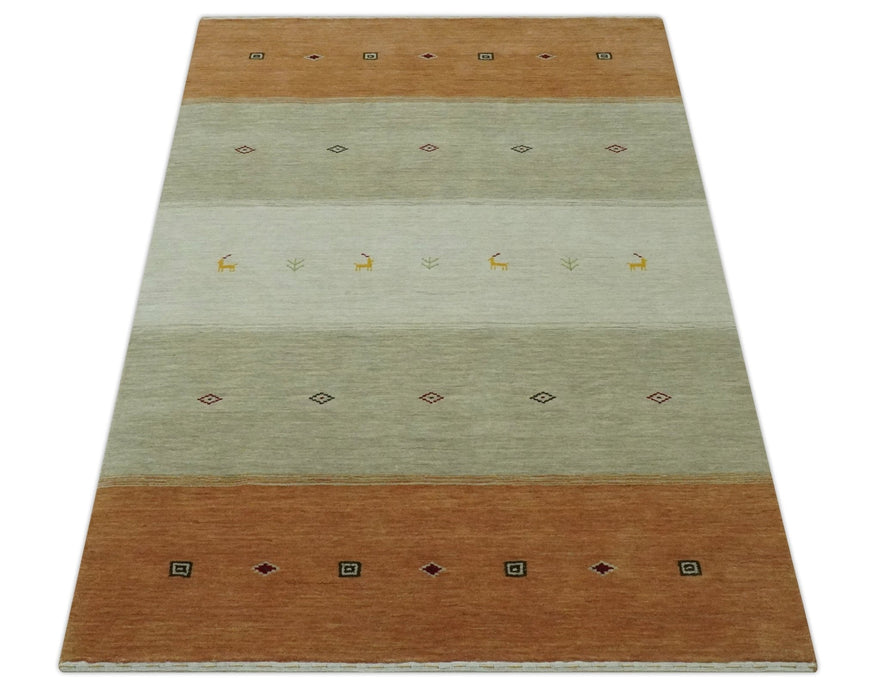 Ivory, Beige and Rust Geometrical stripes Design Hand loom 4.6x6.6 wool Area Rug