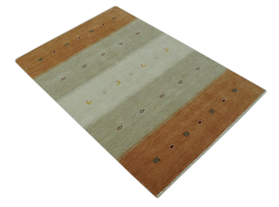 Ivory, Beige and Rust Geometrical stripes Design Hand loom 4.6x6.6 wool Area Rug