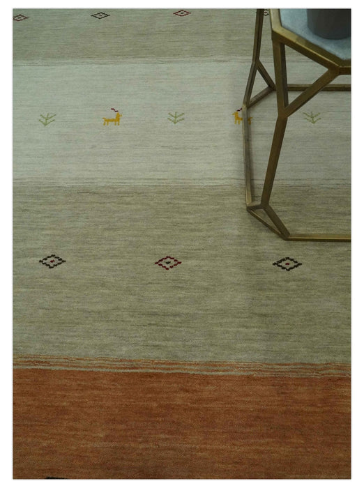 Ivory, Beige and Rust Geometrical stripes Design Hand loom 4.6x6.6 wool Area Rug