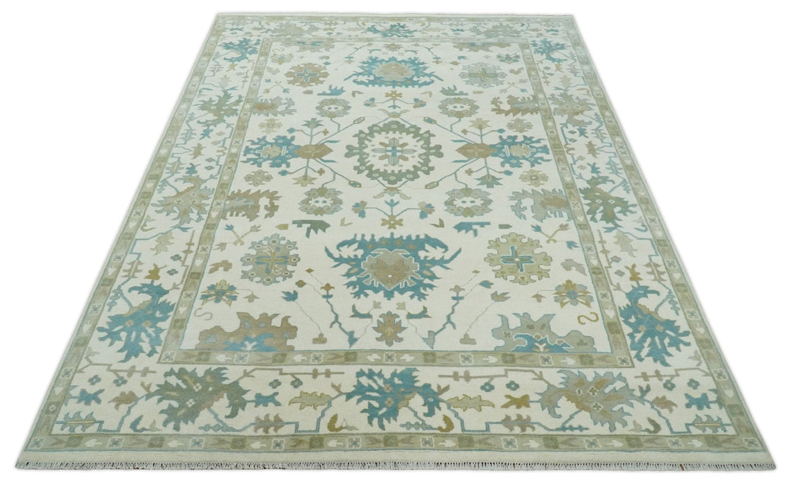 Ivory, Beige and Teal Hand Knotted Antique 9x13 Traditional Oushak Wool Rug