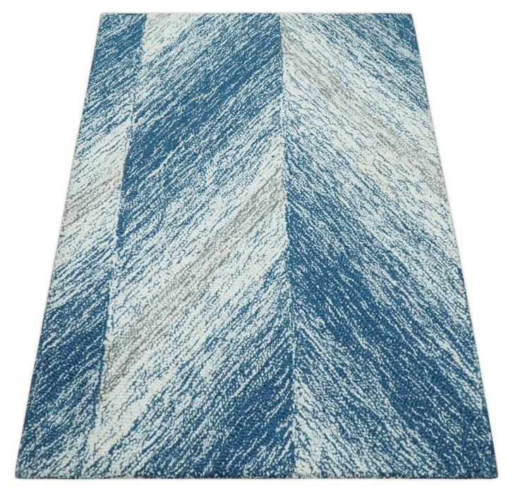 Ivory, Blue and Brown Shaded  Wool Hand Woven Layering Multi Size Area Rug