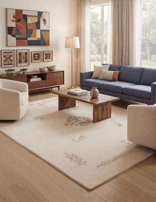 Ivory Border Patterns Hand Loomed Wool Area Rug