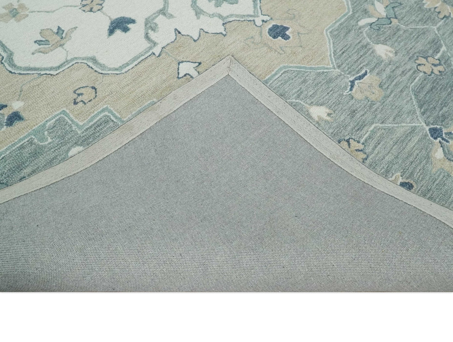Ivory, Camel and Blue Hand Tufted Traditional Design Wool Area Rug