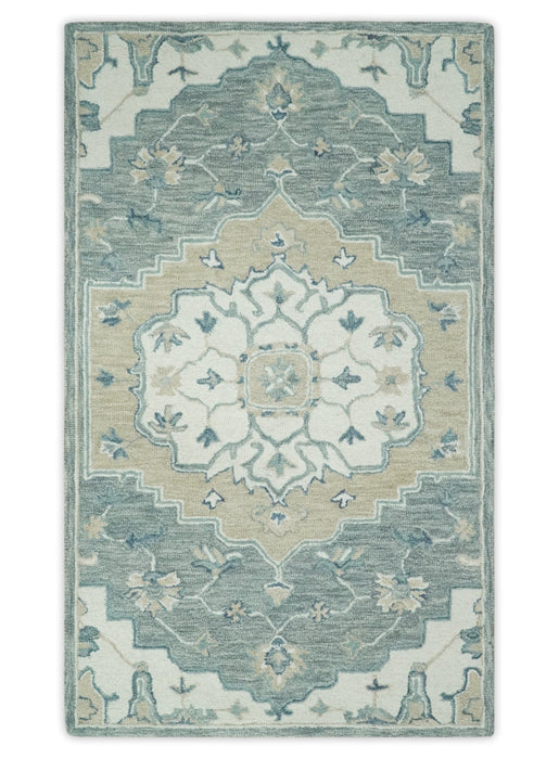 Ivory, Camel and Blue Hand Tufted Traditional Design Wool Area Rug