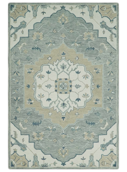 Ivory, Camel and Blue Hand Tufted Traditional Design Wool Area Rug