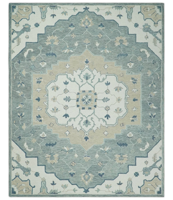 Ivory, Camel and Blue Hand Tufted Traditional Design Wool Area Rug
