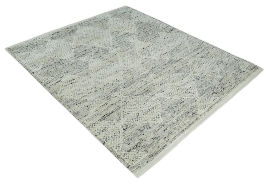 Ivory, Charcoal and Beige 8x10 hand knotted Geometrical wool Area rug