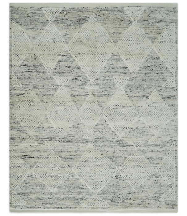 Ivory, Charcoal and Beige 8x10 hand knotted Geometrical wool Area rug