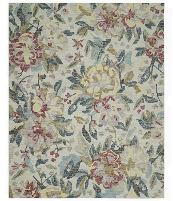 Ivory, Charcoal and Olive Floral Design 8x10 Colorful Hand Tufted wool rug