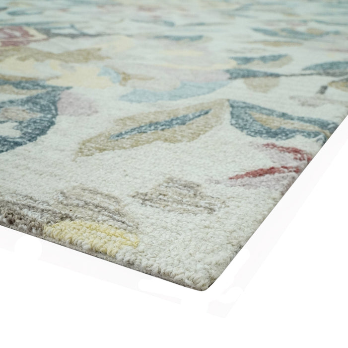 Ivory, Charcoal and Olive Floral Design 8x10 Colorful Hand Tufted wool rug
