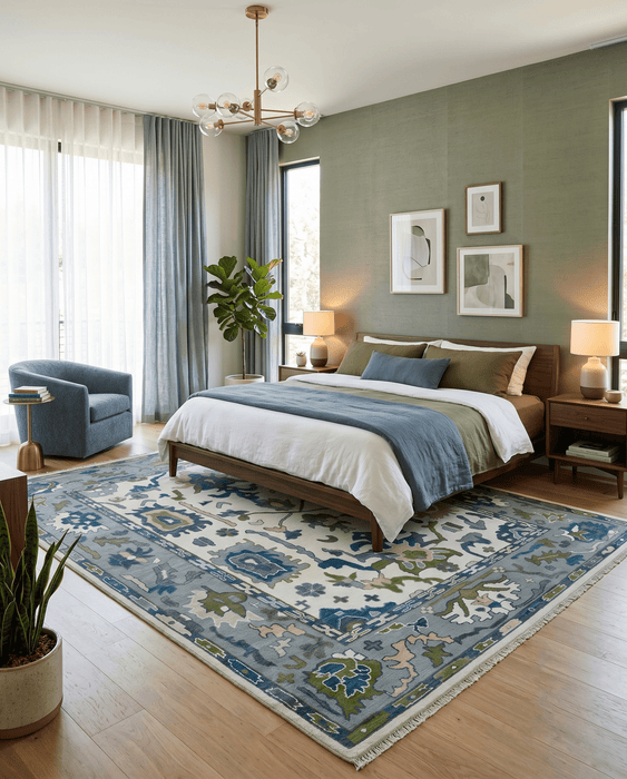 Ivory, Gray, Teal and Green Hand knotted Traditional Oushak 9x12 Wool Area Rug