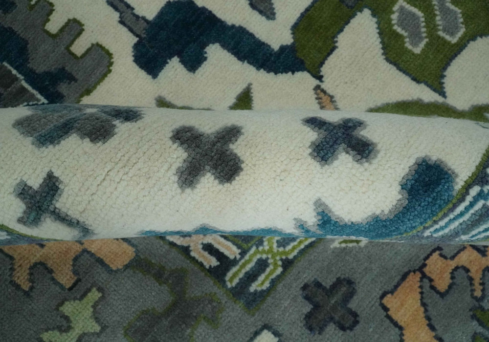 Ivory, Gray, Teal and Green Hand knotted Traditional Oushak 9x12 Wool Area Rug