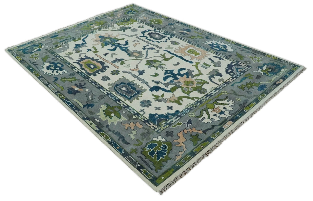 Ivory, Gray, Teal and Green Hand knotted Traditional Oushak 9x12 Wool Area Rug