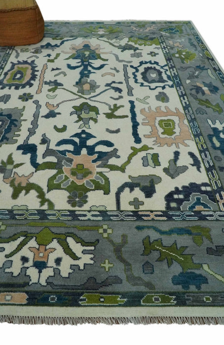 Ivory, Gray, Teal and Green Hand knotted Traditional Oushak 9x12 Wool Area Rug