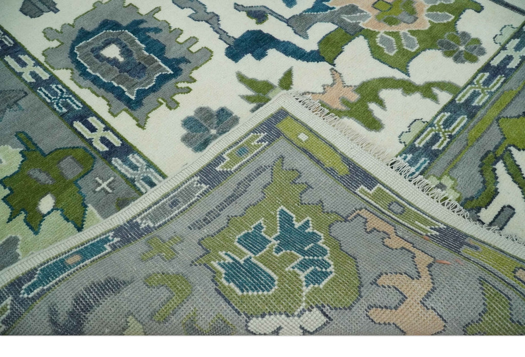 Ivory, Gray, Teal and Green Hand knotted Traditional Oushak 9x12 Wool Area Rug