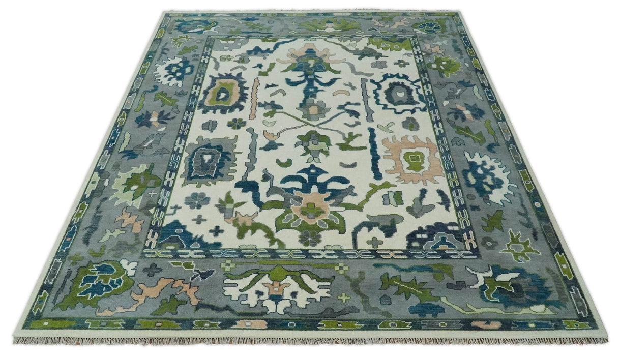 Ivory, Gray, Teal and Green Hand knotted Traditional Oushak 9x12 Wool Area Rug