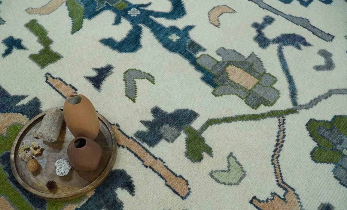 Ivory, Gray, Teal and Green Hand knotted Traditional Oushak 9x12 Wool Area Rug