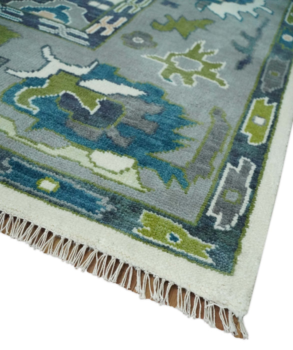 Ivory, Gray, Teal and Green Hand knotted Traditional Oushak 9x12 Wool Area Rug