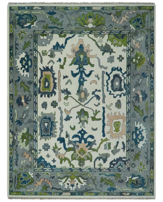Ivory, Gray, Teal and Green Hand knotted Traditional Oushak 9x12 Wool Area Rug
