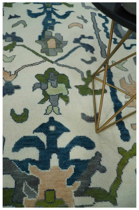 Ivory, Gray, Teal and Green Hand knotted Traditional Oushak 9x12 Wool Area Rug