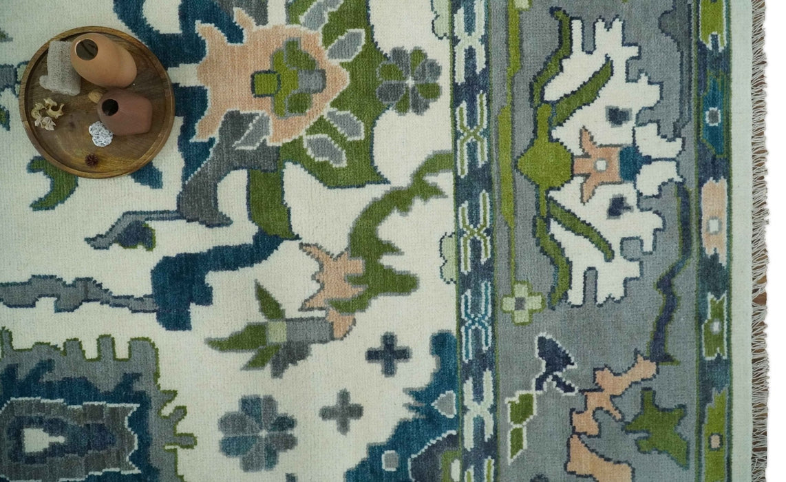 Ivory, Gray, Teal and Green Hand knotted Traditional Oushak 9x12 Wool Area Rug