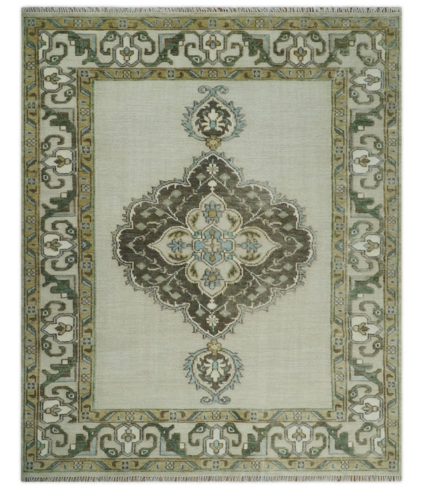 Ivory, Green and Beige Traditional Medallion Hand knotted Multi Size wool Area Rug