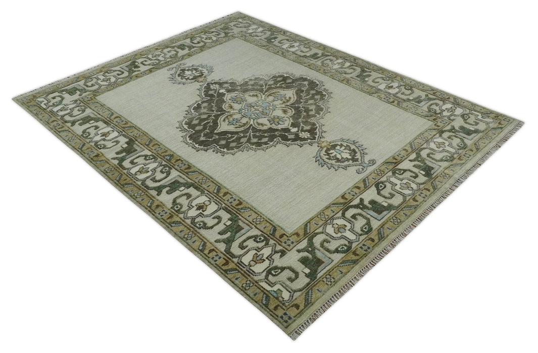 Ivory, Green and Beige Traditional Medallion Hand knotted Multi Size wool Area Rug