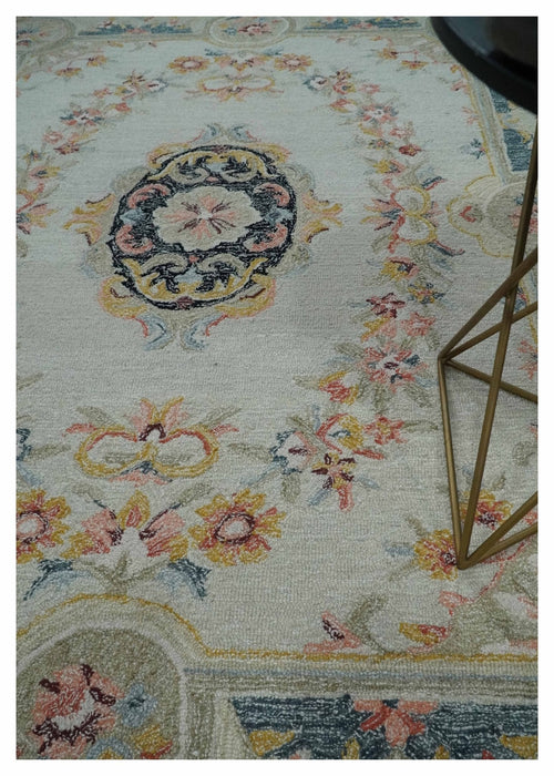 Ivory, Light Green and Charcoal Aubusson design Hand Tufted 8x10 wool Area Rug
