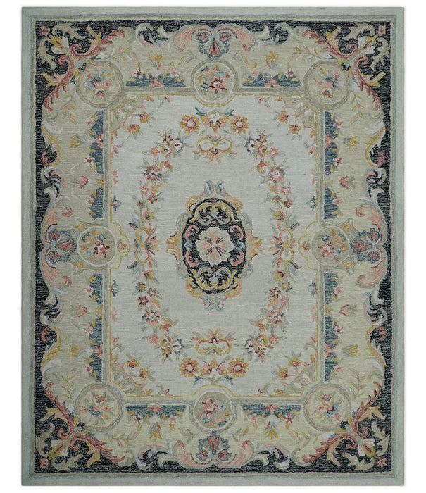 Ivory, Light Green and Charcoal Aubusson design Hand Tufted 8x10 wool Area Rug