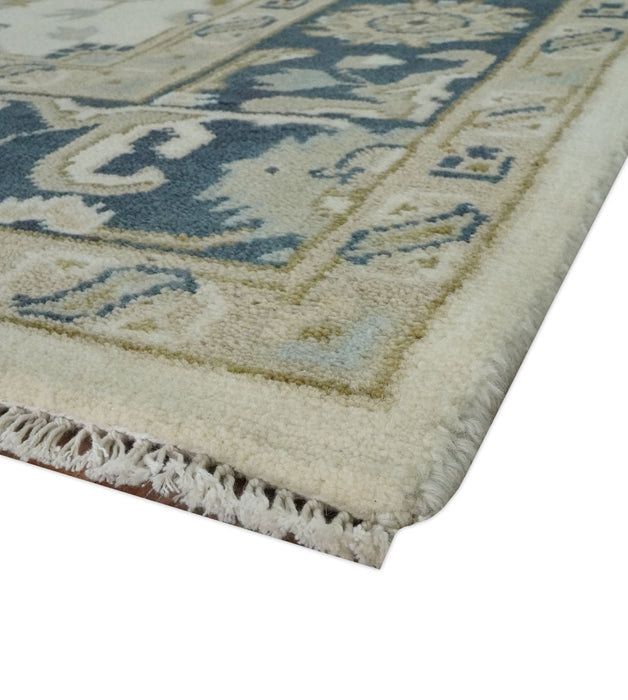 Ivory, Olive and Blue Hand Knotted Traditional Oriental Oushak Custom Made wool rug