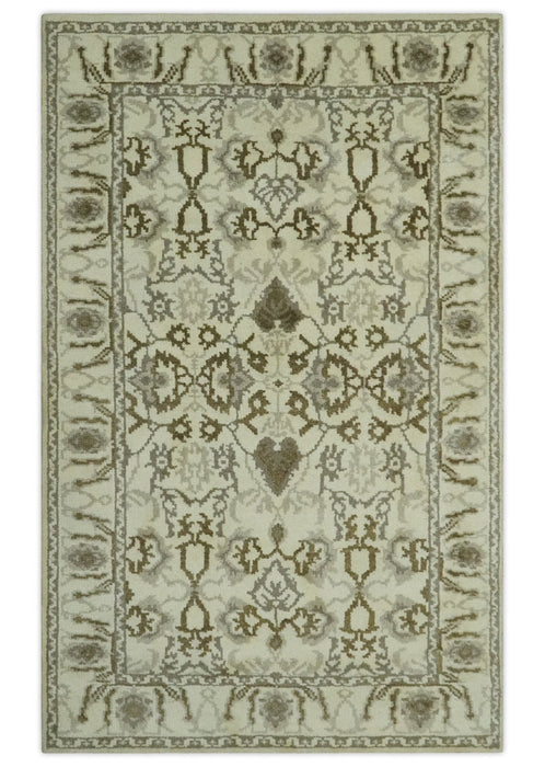 Ivory, Olive and Gray Traditional Hand Knotted Oriental Oushak 5x8 wool Area Rug