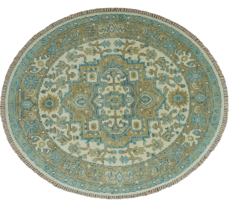 Ivory, Olive and Teal Hand Knotted Traditional Heriz Custom Made wool area rug
