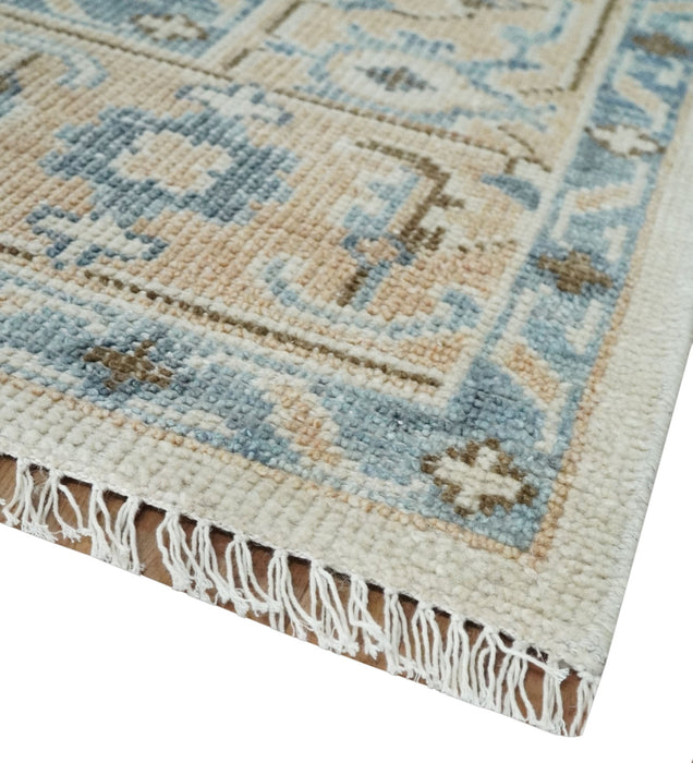 Ivory, Peach and Gray Hand knotted 8x10 Traditional Ikat Design Oushak wool Area Rug