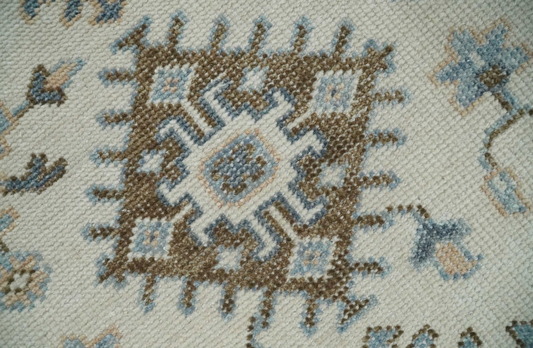 Ivory, Peach and Gray Hand knotted 8x10 Traditional Ikat Design Oushak wool Area Rug