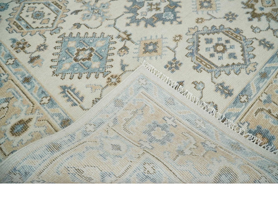 Ivory, Peach and Gray Hand knotted 8x10 Traditional Ikat Design Oushak wool Area Rug