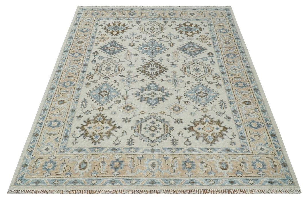 Ivory, Peach and Gray Hand knotted 8x10 Traditional Ikat Design Oushak wool Area Rug