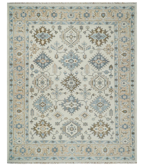 Ivory, Peach and Gray Hand knotted 8x10 Traditional Ikat Design Oushak wool Area Rug