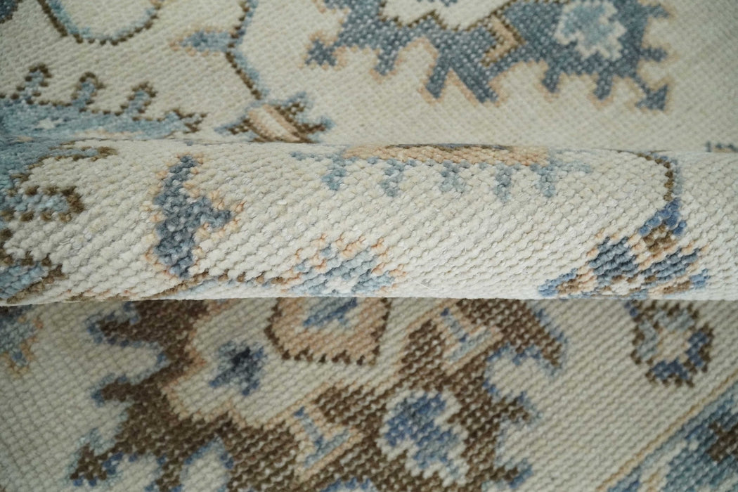 Ivory, Peach and Gray Hand knotted 8x10 Traditional Ikat Design Oushak wool Area Rug
