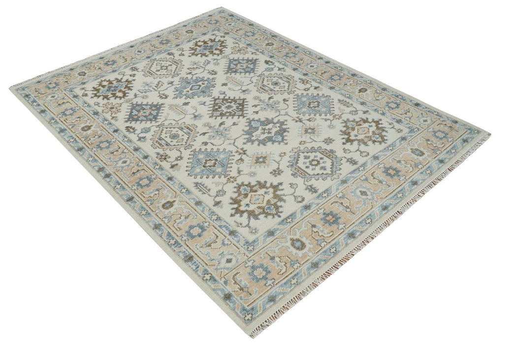 Ivory, Peach and Gray Hand knotted 8x10 Traditional Ikat Design Oushak wool Area Rug