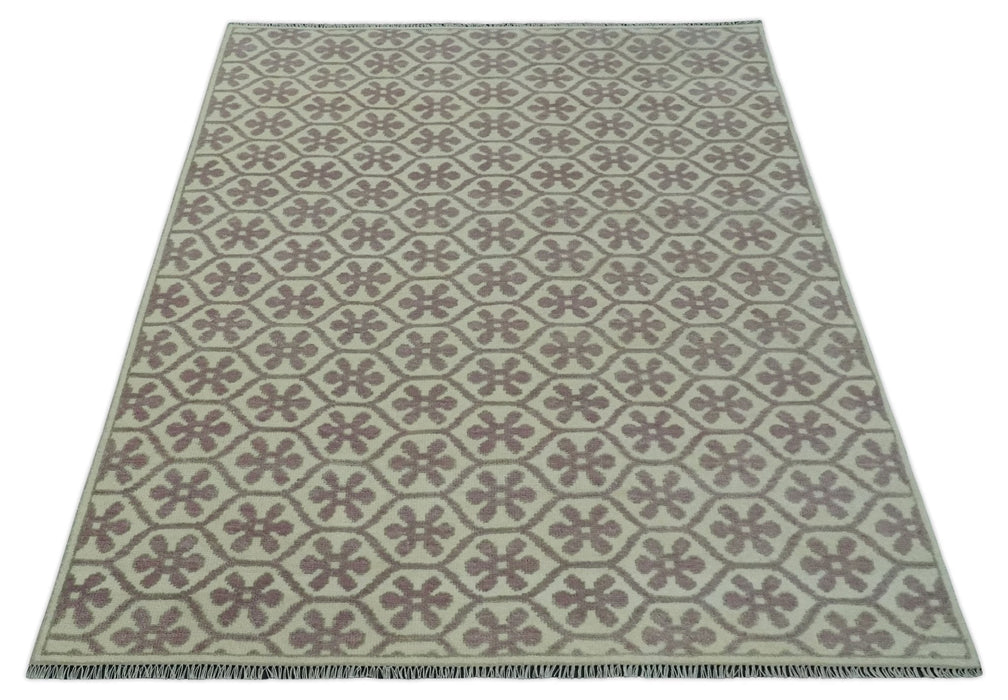Ivory, Purple and Gray Hand Knotted Geometrical Floral 8x10 wool Area Rug