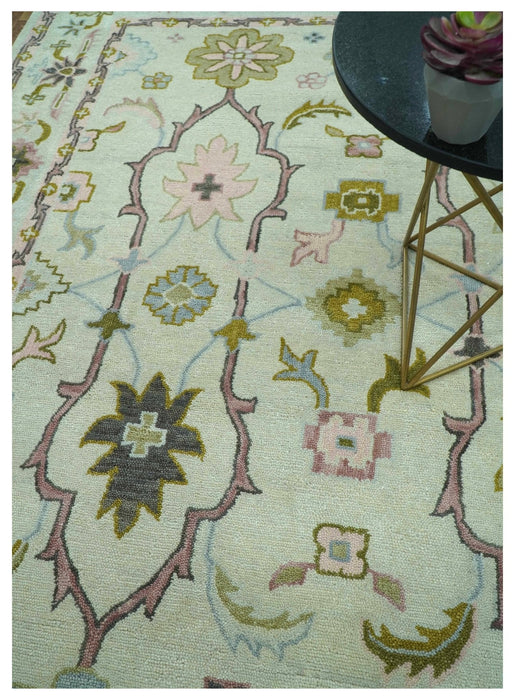 Ivory, Purple and Olive Floral Oushak Hand Tufted Custom Made wool rug