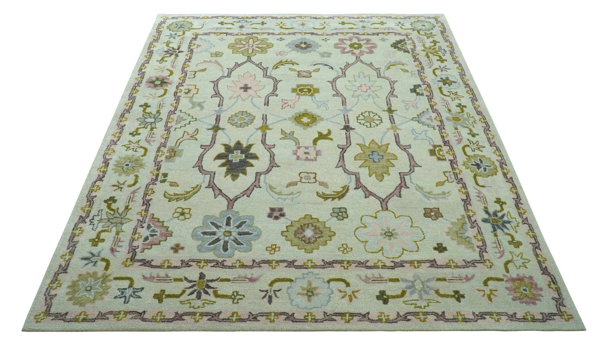 Ivory, Purple and Olive Floral Oushak Hand Tufted Custom Made wool rug