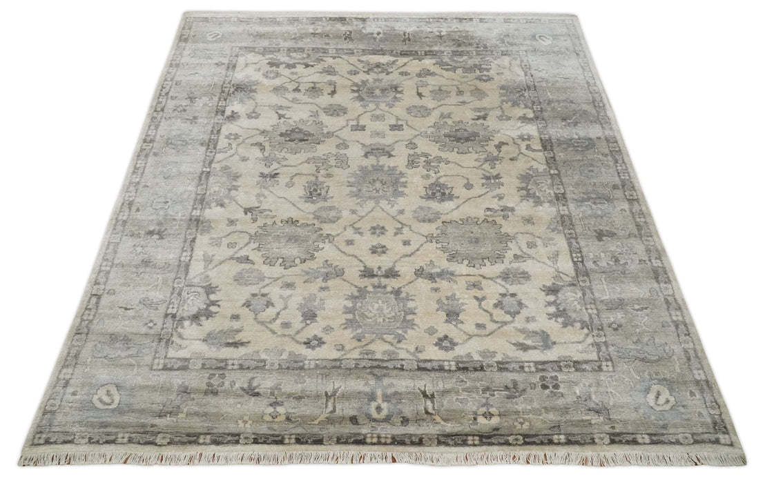 Ivory, Silver and Charcoal 8x10 Hand Knotted All Bamboo Silk Fine Oushak Area Rug