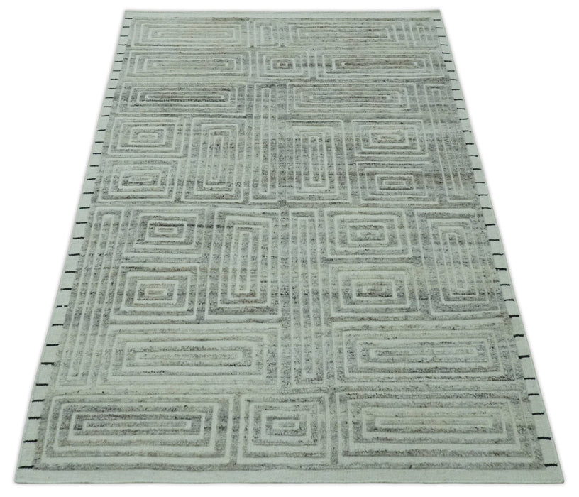 Ivory, Silver and Charcoal Modern Geometrical Puzzle Design hand knotted 5x8 wool Area Rug