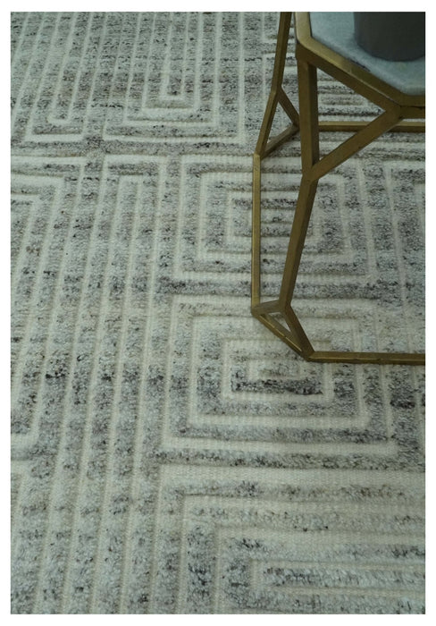 Ivory, Silver and Charcoal Modern Geometrical Puzzle Design hand knotted 5x8 wool Area Rug